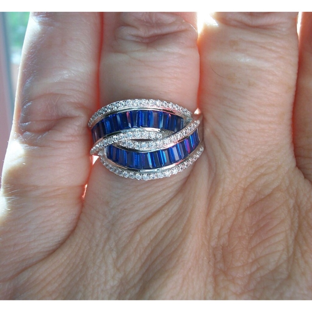 925 STERLING SILVER Blue Spinel & Cubic Zirconia Crossover Ring - Picture 11 of 15